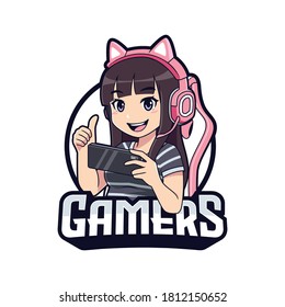 Dibujo de una chica deportista de Cute gamer jugando en la plantilla del logo de ayuda para smartphones