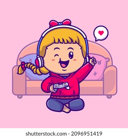 Cute Gamer Girl Cartoon Vector Icon Illustration. People Technology Icon Concept Isolated Premium Vector. Flat Cartoon Style