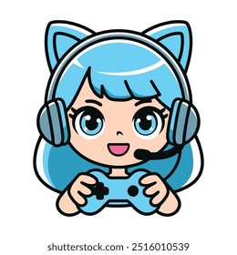 Cute gamer girl with cat ears and blue hair playing video games