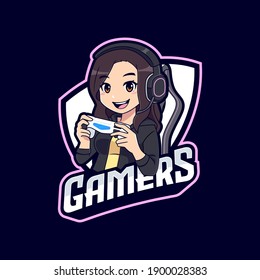 Cute Gamer Girl With Hoodie Emblem Logo Template