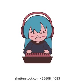 Cute Gamer Girl Kid Character Wearing Headset Playing Game with Laptop with Angry Expression