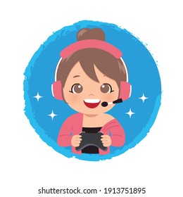 Cute Gamer Girl Logo Holding A Joystick To Play Online Games. Flat Vector Cartoon Kawaii Style.