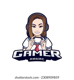 Cute gamer girl maniac logo streamer isolated on white background