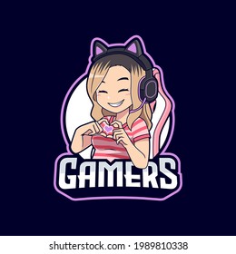 Cute gamer girl mascot cartoon character shows heart gesture suitable for gaming or streamer logo