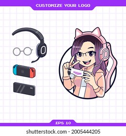 Cute gamer girl mascot logo creator, customizable sticker or badge cartoon character set