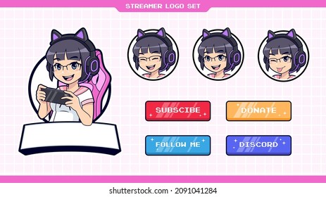 Cute Gamer Girl Mascot Logo Set With Icons And Badges For Streaming