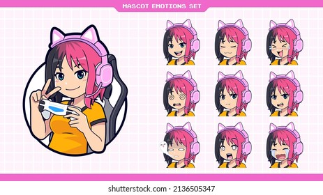 Logo de la mascota Cute Gamer con expresiones faciales alegres, tristes, impactadas, enojadas y llorosas