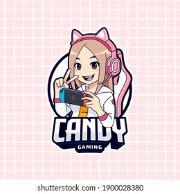 Cute gamer girl playing on portable device logo template