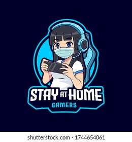 Cute Gamer Girl Stay At Home Esport Logo