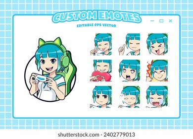 Cute gamer girl streaming logo with icons and sticker expressions set