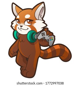 Cute Gamer Red Panda Character Mascot Illustration Gamepad Headphones Isolated on White Background