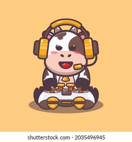 Cute gaming cow. Cute animal cartoon illustration. Flat isolated vector illustration for posters, brochures, web, mascots, stickers, logos and icons.