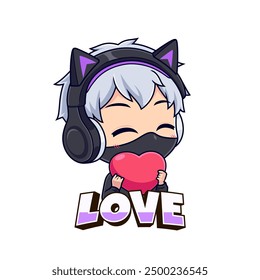 Cute gaming streamer ninja boy with heart icon esport mascot logo