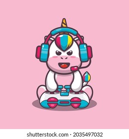 Cute gaming unicorn. Cute animal cartoon illustrations. Vector isolated flat illustration for poster, brochure, web, mascot, sticker, logo and icon.
