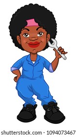 Cute Garage Girl pose while holding a Wrench Cartoon Vector