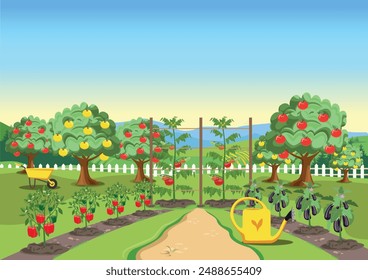 A cute garden with an apple tree, a white fence, a garden path, ripening vegetables in the beds and a yellow garden watering can. Organic gardening. Vector illustration.