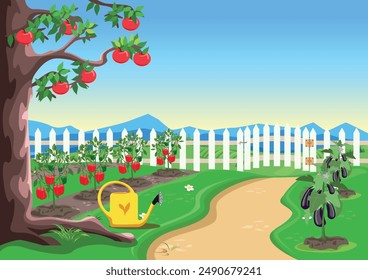 A cute garden with an apple tree, a white fence, a garden path, ripening vegetables in the beds and a yellow garden watering can. Organic gardening. Vector illustration.