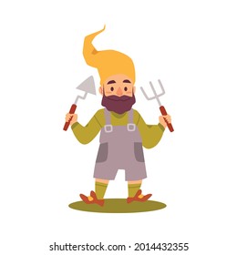 Cute garden bearded gnome or elf is holding shovel and rake. Gardener dwarf in nature colors, flat cartoon style vector illustration isolated on white background. Male character in cap, overalls.