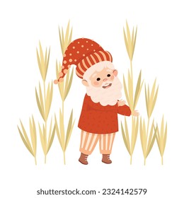 Cute garden bearded gnome. Joyful fairy tale dwarf elf in red pointed hat and jacket cartoon vector illustration