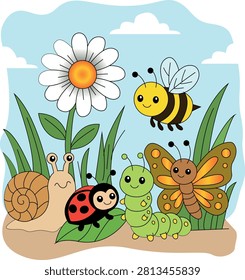 Cute Garden Bugs and Insects Cartoon Vector Illustration
