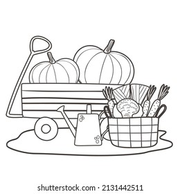 Cute garden cart and pumpkins  watering can   vegetables in basket  Coloring page for coloring book  Black   white outline vector illustration 