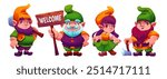 Cute garden decorative gnome. Cartoon vector illustration set of dwarf bearded man with welcome sign on wooden board, axe and shovel, and woman in funny clothes and hats. Small fairy myth character.