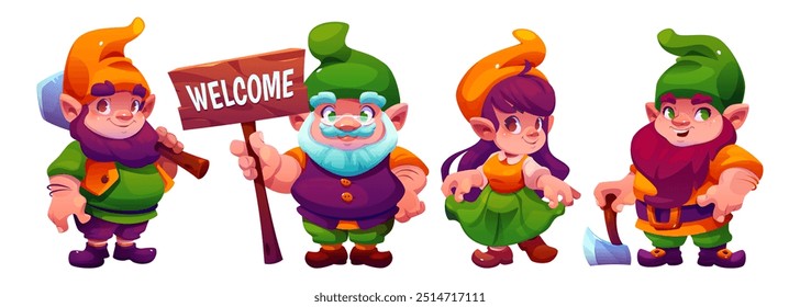 Cute garden decorative gnome. Cartoon vector illustration set of dwarf bearded man with welcome sign on wooden board, axe and shovel, and woman in funny clothes and hats. Small fairy myth character.