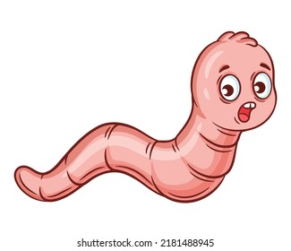 Cute garden earthworm, ground worm creeps or helminth parasite character. Gardening plant pest insect control. Funny snake or parasitic larva bug. Small beetle grub. Maggot crawl. Fishing bait. Vector