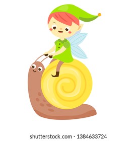 Cute garden elf boy ride snail. Little pixie. Fantasy character