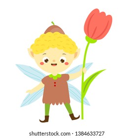 Cute garden elf boy with tulip flower. Little pixie. Fantasy character