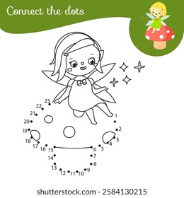 Cute garden elf fairy on mushroom. Connect the dots Children educational game. Dot to dot by numbers activity for kids and toddlers