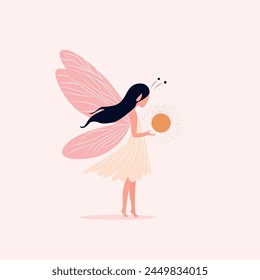  Cute Garden Fairy.Vector childish  fairy, stars, moon