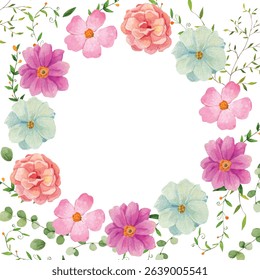 Cute garden flowers circle frame. Watercolor floral card template. Feminine cute banner for romantic events, wedding invitation cards. Soft pink, purple, blue pastel palette. 
