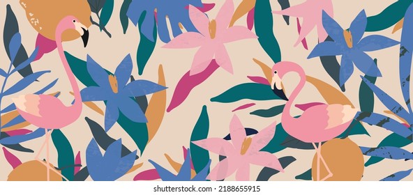 Cute garden flowers and leaves with flamingos colorful pattern. Flamingo birds with botanical elements vector illustration design for fashion, fabric, wallpaper, cards, prints