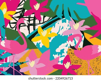 Cute garden flowers and leaves with flamingos colorful pattern. Flamingo birds with botanical elements vector illustration design for fashion, fabric, wallpaper, cards, prints	