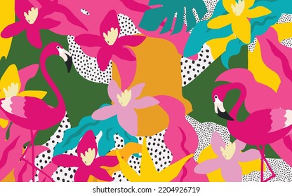 Cute garden flowers and leaves with flamingos colorful pattern. Flamingo birds with botanical elements vector illustration design for fashion, fabric, wallpaper, cards, prints	