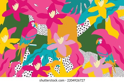 Cute garden flowers and leaves with parrots colorful pattern. Parrots with botanical elements vector illustration design for fashion, fabric, wallpaper, cards, prints	