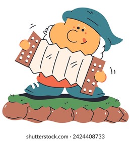 Cute garden gnome with accordion vector cartoon character isolated on a white background.