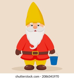 Cute garden gnome with a bucket in his hands.