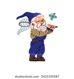 Cute garden gnome catches insect with butterfly net. Happy bearded dwarf walks, has fun on nature. Old fairytale gardener, folklore man in cap. Flat isolated vector illustration on white background