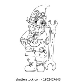 Cute garden gnome. Coloring book with gnomes. A magical creature. Grandpa is a forester. Vector illustration isolated on white background.