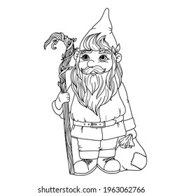 Cute garden gnome. Coloring book with gnomes. A magical creature. Grandpa is a forester. Vector illustration isolated on white background.