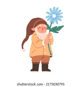 Cute garden gnome with flower. Smiling bearded dwarf in cap holding floral plant in hand. Happy fairytale character. Childish fairy flat vector illustration isolated on white background