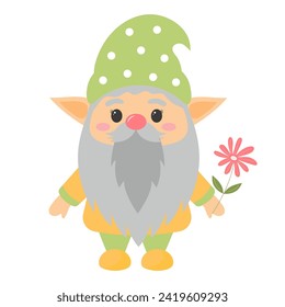 Cute garden gnome with flower. Spring dwarf. Vector illustration isolated on white background.