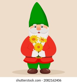Cute garden gnome with flowers in his hands.