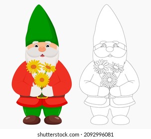 Cute garden gnome with flowers in his hands. Gnome in color and outline.