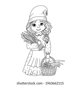Cute garden gnome girl. Coloring book with gnomes. A magical creature. The girl is a herbalist. Vector illustration isolated on white background.