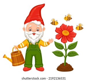 Cute Garden Gnome Growing Flower Seedling, Gardener Dwarf Hold Watering Can. Fairytale Gardening Elf, Small Old Man With Beard Character. Bees Collect Honey Nectar. Pollination Plant By Insect. Vector