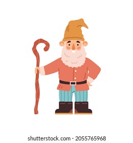 Cute garden gnome in hat with beard and crook handle cane or walking stick - flat vector illustration isolated on white background. Fairy creature in cartoon style.