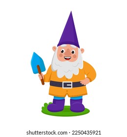 Cute garden gnome holding a shovel in blue cap. Vector illustration of funny fairy tale character. Cartoon happy male small dwarf isolated white. Game, fantasy concept